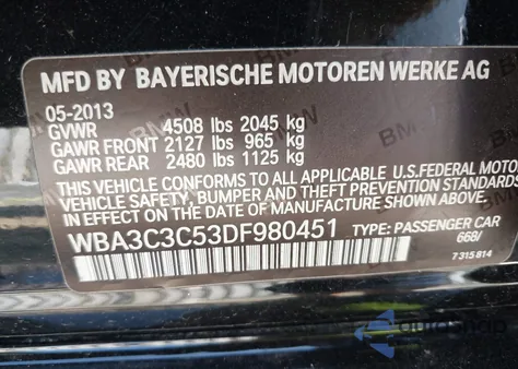 2013 BMW 320I xDrive from USA, damaged, VIN WBA3C3C53DF980451